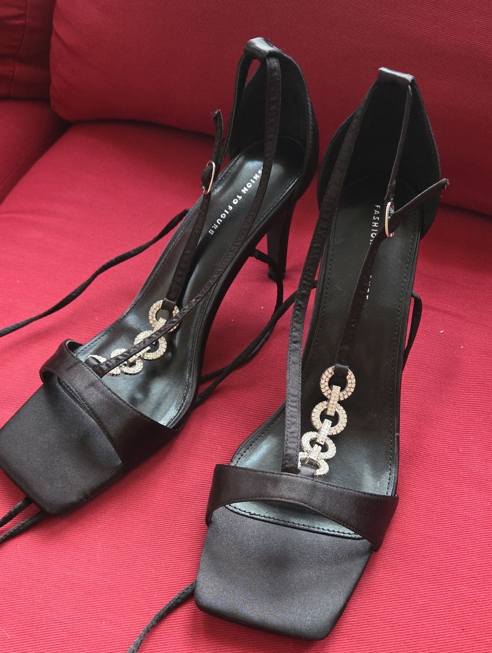 Fashion to Figure Black Satin Strappy Rhinestone Chain Heels